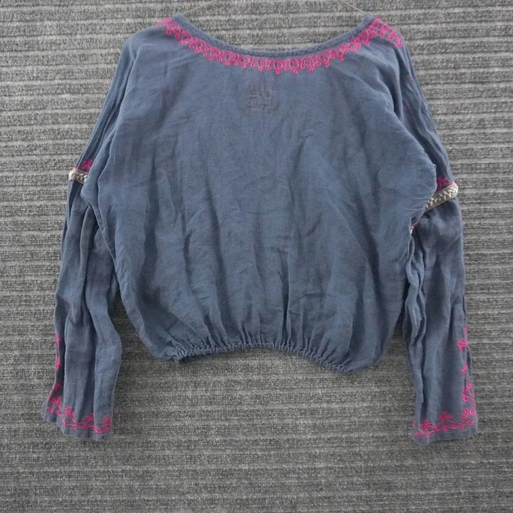 Vintage Free People Peasant Blouse Medium Blue Pink Embroidered Boho Crop Top